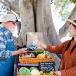 Pessoas conversam em uma feira agrícola ao ar livre, com produtos frescos expostos em bancas.