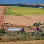 Paisagem rural brasileira com campos, estrada de terra e construções agrícolas.